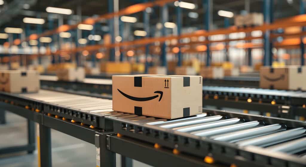 Amazon-Paket auf einem Förderband in einem Logistikzentrum, unterstützt durch die Fulfillment-Services einer Amazon Agentur