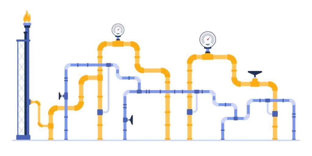 Illustration of an industrial pipeline system with multiple gauges and valves for pressure monitoring