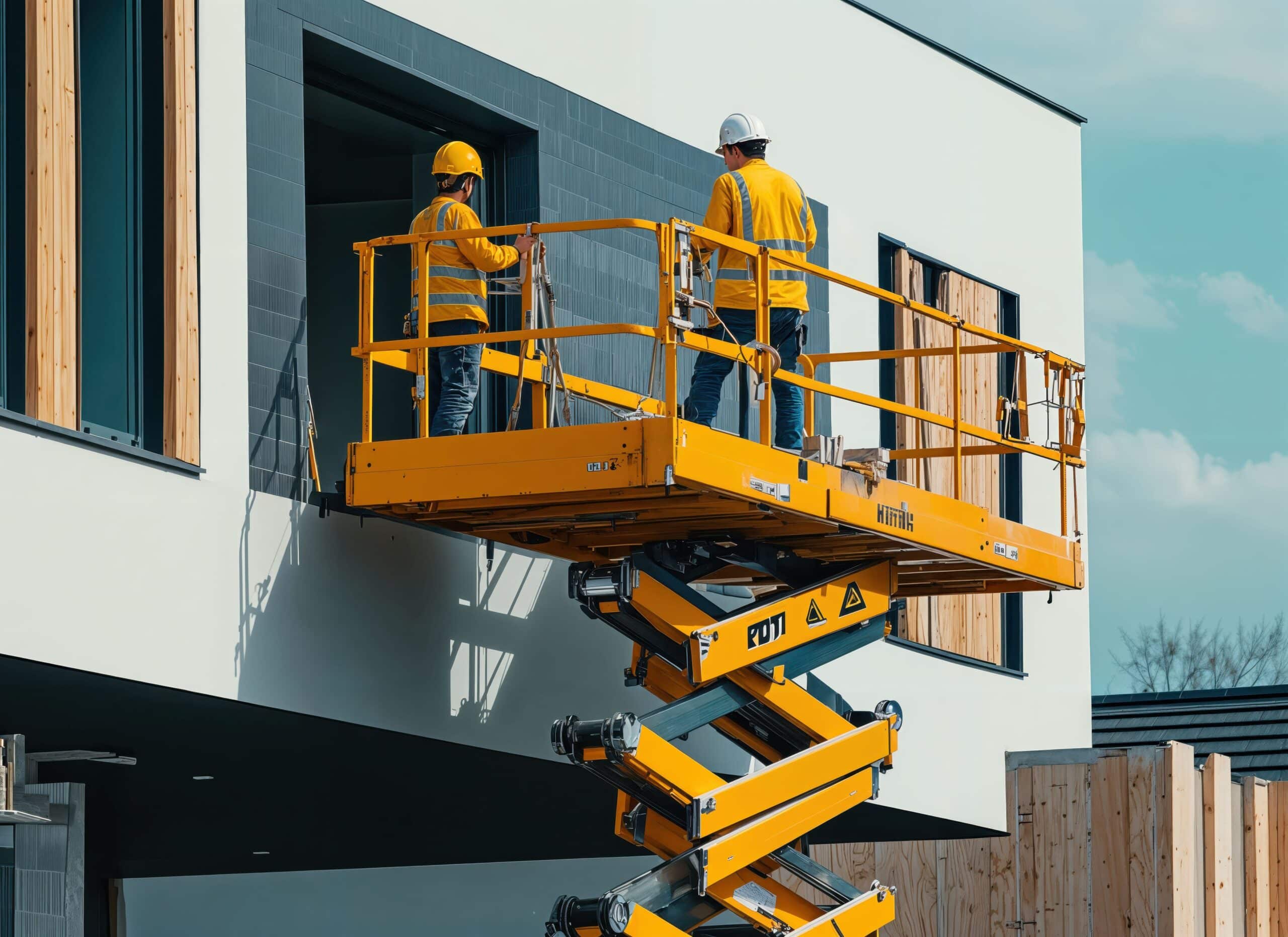 Scherenbühnen mieten: Gelbe Scherenbühne mit zwei Personen bei Renovierung an moderner Hausfassade