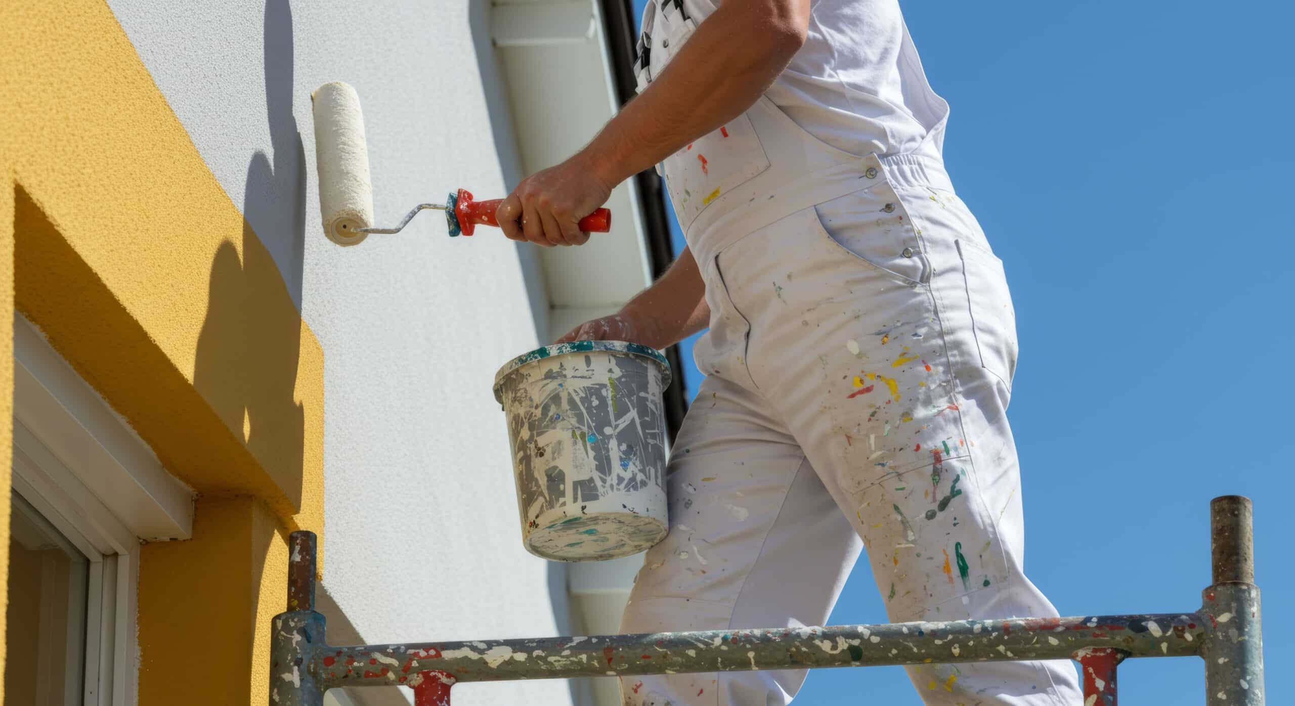 Scherenbühnen mieten: Maler auf Gerüst streicht Hausfassade mit Farbrolle bei blauem Himmel