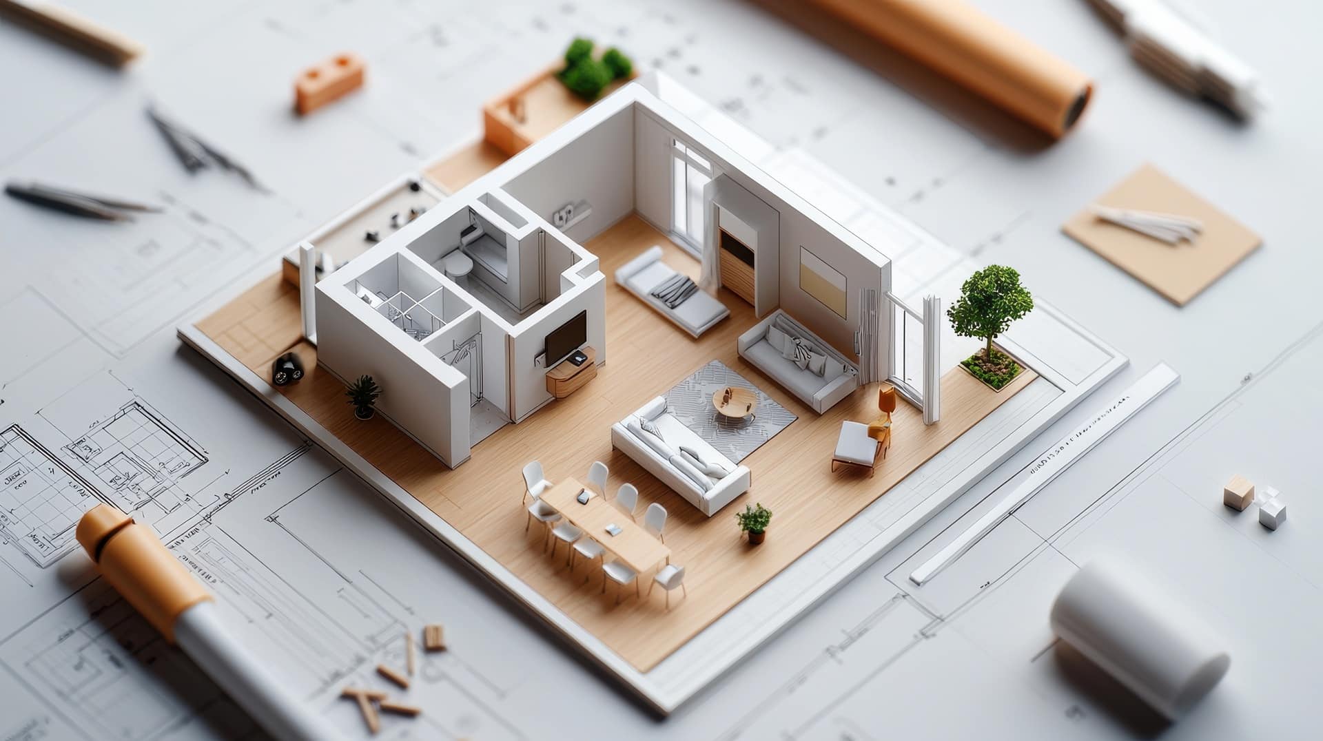 Miniatur-Wohnung auf Plan | Sitzbank Bett
